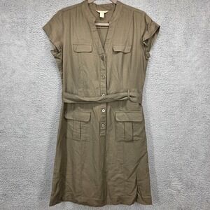 Banana Republic Linen Blend Safari Shirt Dress Khaki Size 10 Short Sleeve Belted